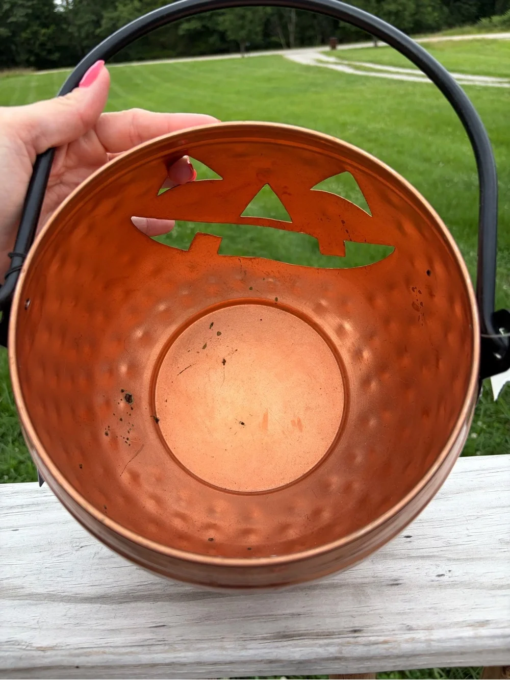 Moonlight Manor 7 x 8in Hammered Metal Copper Color BUCKET JACK O LANTERN NWT